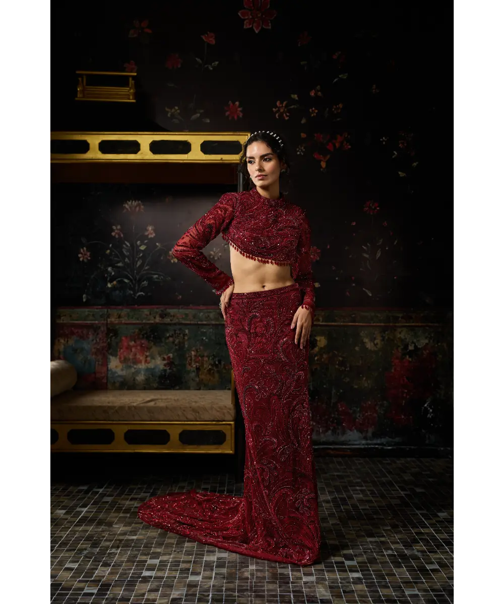 DIYARAJVVIR - MAROON EMBELLISHED TRAIL SKIRT SET
